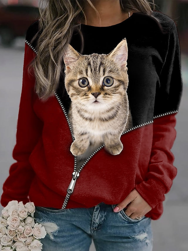 Women's Sweatshirt Cat 3D Print Color Patchwork Casual Streetwear Pullover Hoodies