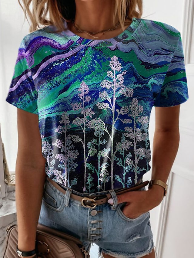 Women's T-shirts Floral Abstract Painting Round Neck Short Sleeve Tops