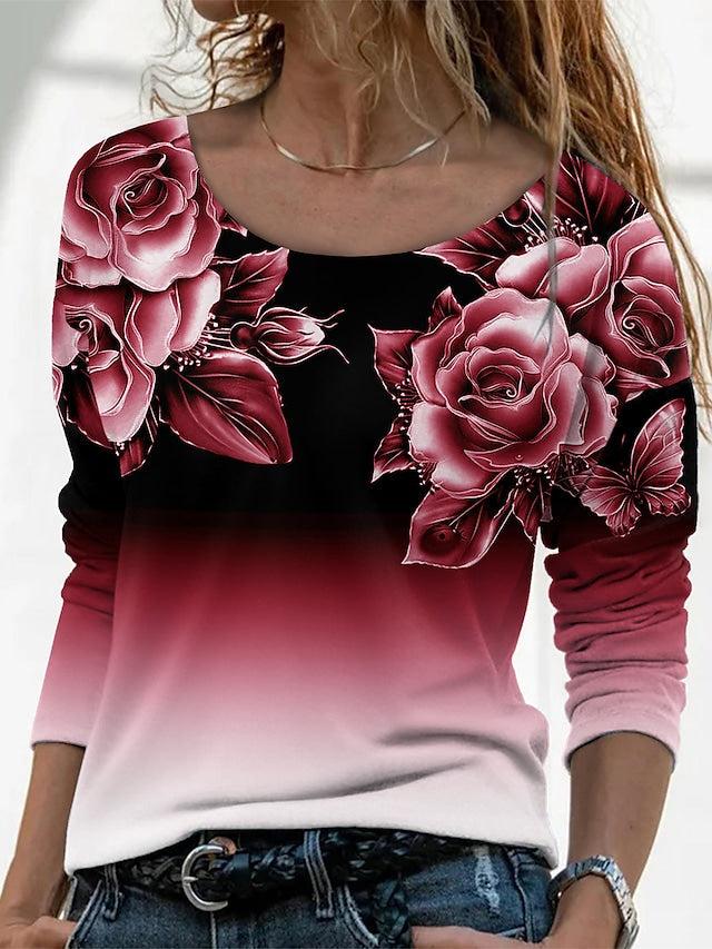 Women's T-shirts Floral Painting Gradient Round Neck Long Sleeve Casual Tops