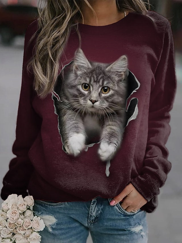 Women's Sweatshirt Cat 3D Print Round Neck Long Sleeve Daily Hoodies