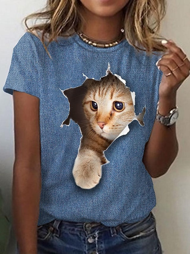 Women's T-shirt Cat Pattern Round Neck Short Sleeve Regular Fit Tops