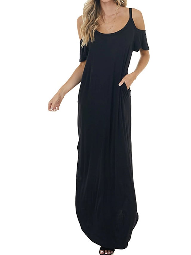 Women's T Shirt Dress Short Sleeve Split Cold Shoulder Maxi long Dress