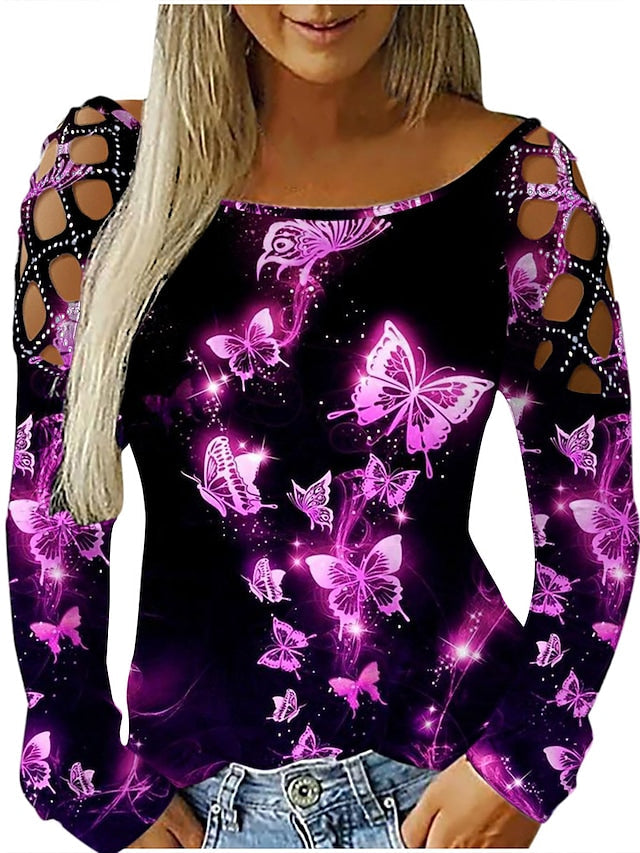 Women's T-shirt Butterfly 3D Printed Painting Cut Out Round Neck Tops